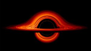 Seen nearly edgewise, the turbulent disk of gas churning around a black hole takes on a crazy double-humped appearance. The black hole&#39;s extreme gravity alters the paths of light coming from different parts of the disk, producing the warped image. The black hole&#39;s extreme gravitational field redirects and distorts light coming from different parts of the disk, but exactly what we see depends on our viewing angle. The greatest distortion occurs when viewing the system nearly edgewise.
